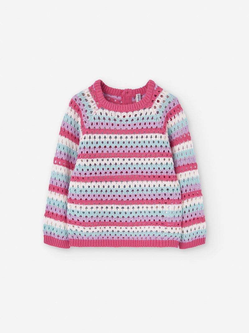 Pull en Maille Ajourée à Rayures Rose - Kiabi