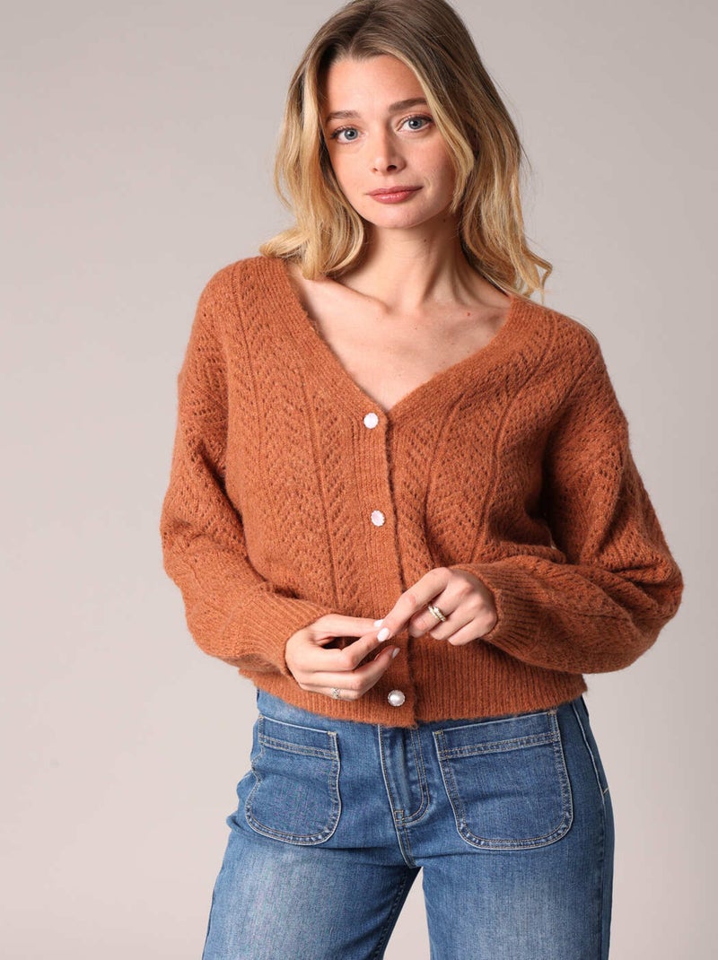 Pull en maille ajourée avec boutons nacrés
 'Deeluxe' Marron - Kiabi