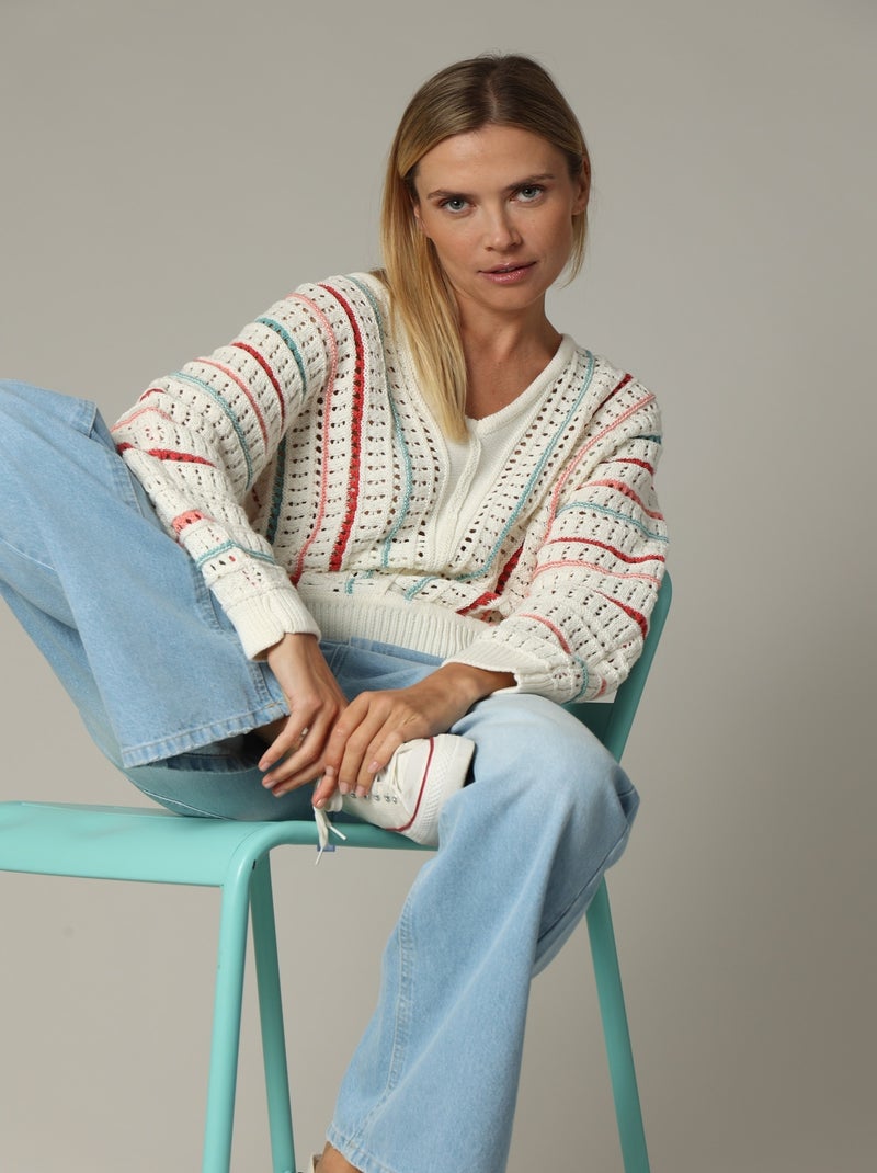 Pull en maille ajourée avec col V 'Deeluxe' Rose - Kiabi