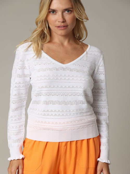 Pull en maille ajourée avec col V et détail ondulé sur les manches 'Deeluxe' - Kiabi