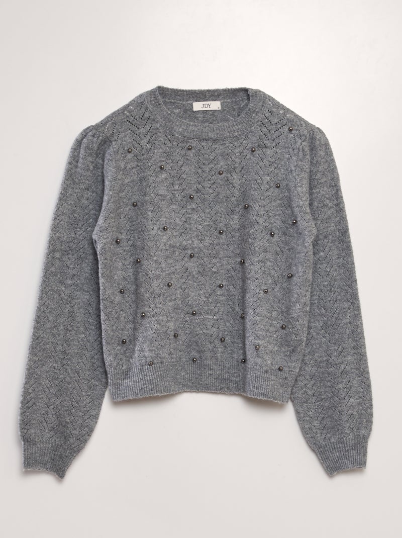 Pull en maille ajourée avec perles Gris - Kiabi