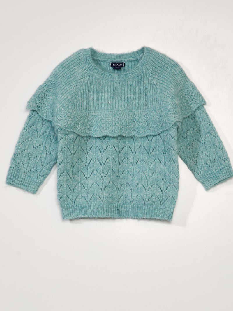 Pull en maille ajourée avec volant Vert - Kiabi