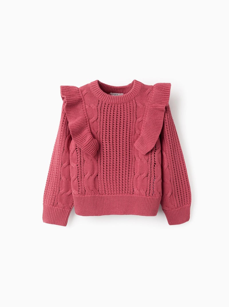 Pull en maille ajourée avec volants Rose foncé - Kiabi