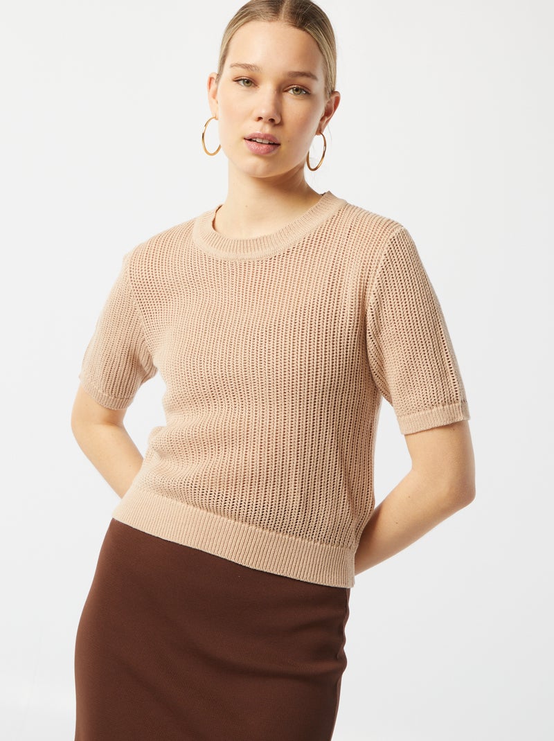 Pull en maille ajourée Beige - Kiabi