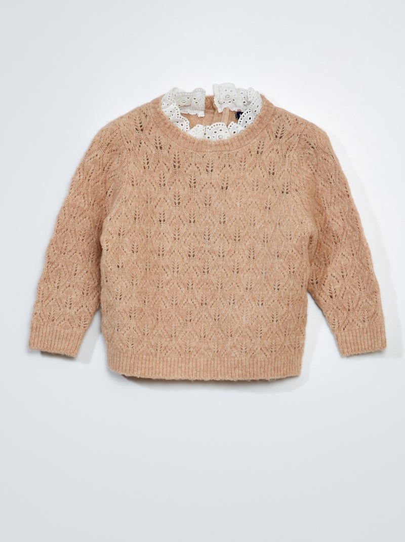 Pull en maille ajourée  + broderie anglaise Beige - Kiabi