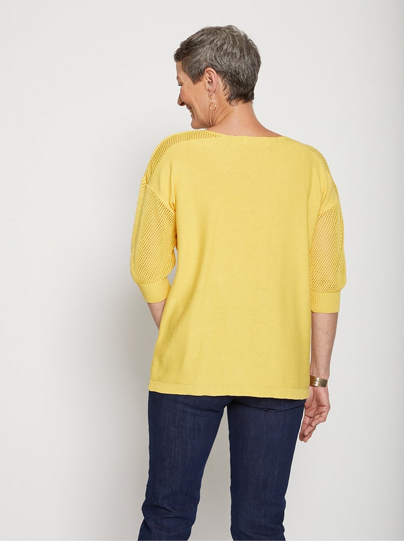 Pull en maille ajourée, manches 3/4 - Afibel Jaune - Kiabi