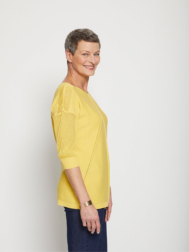 Pull en maille ajourée, manches 3/4 - Afibel Jaune - Kiabi