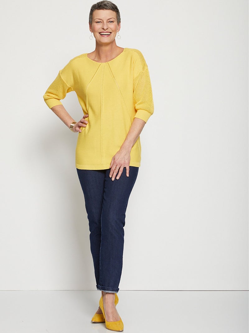Pull en maille ajourée, manches 3/4 - Afibel Jaune - Kiabi