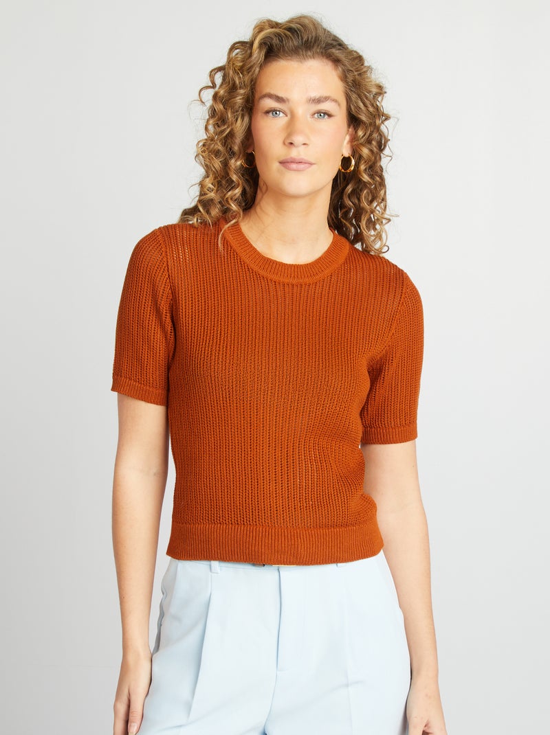 Pull en maille ajourée Orange - Kiabi