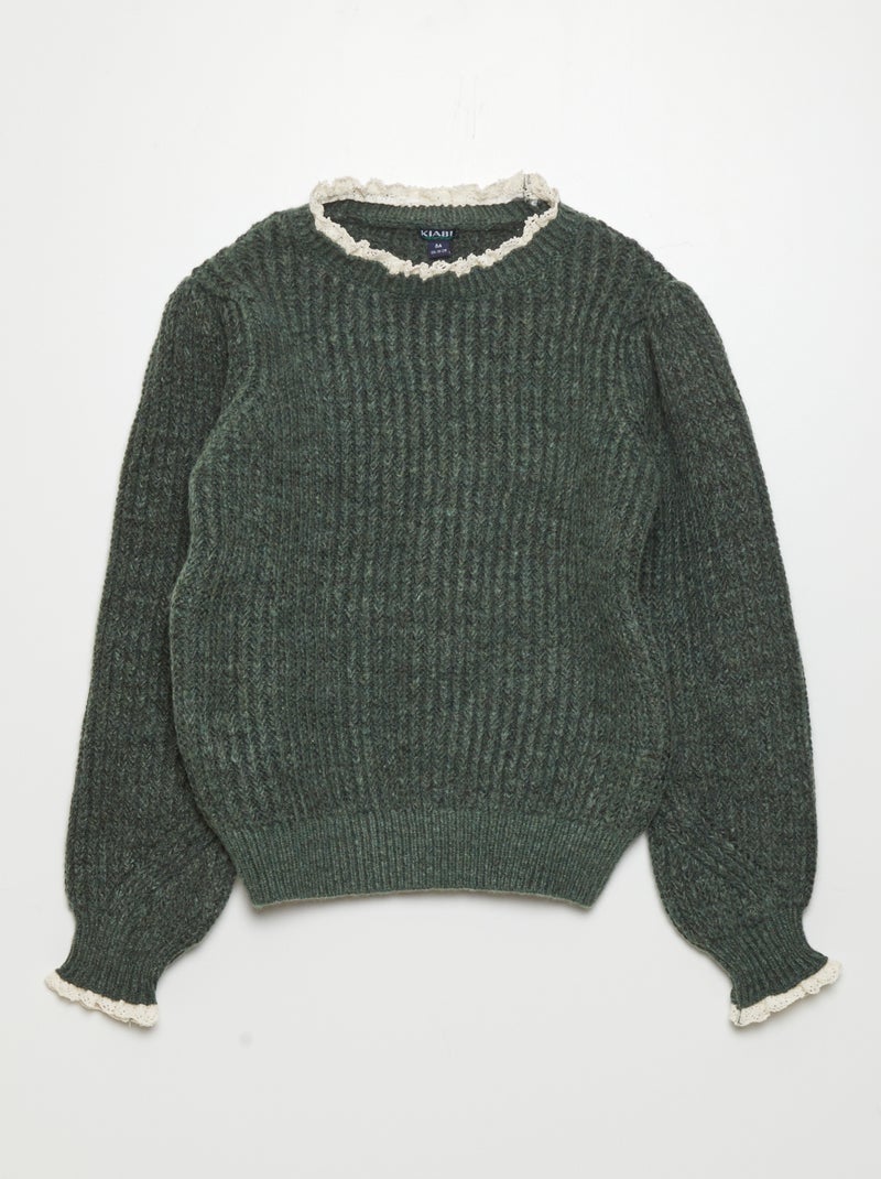 Pull en maille avec broderie anglaise vert grisé - Kiabi