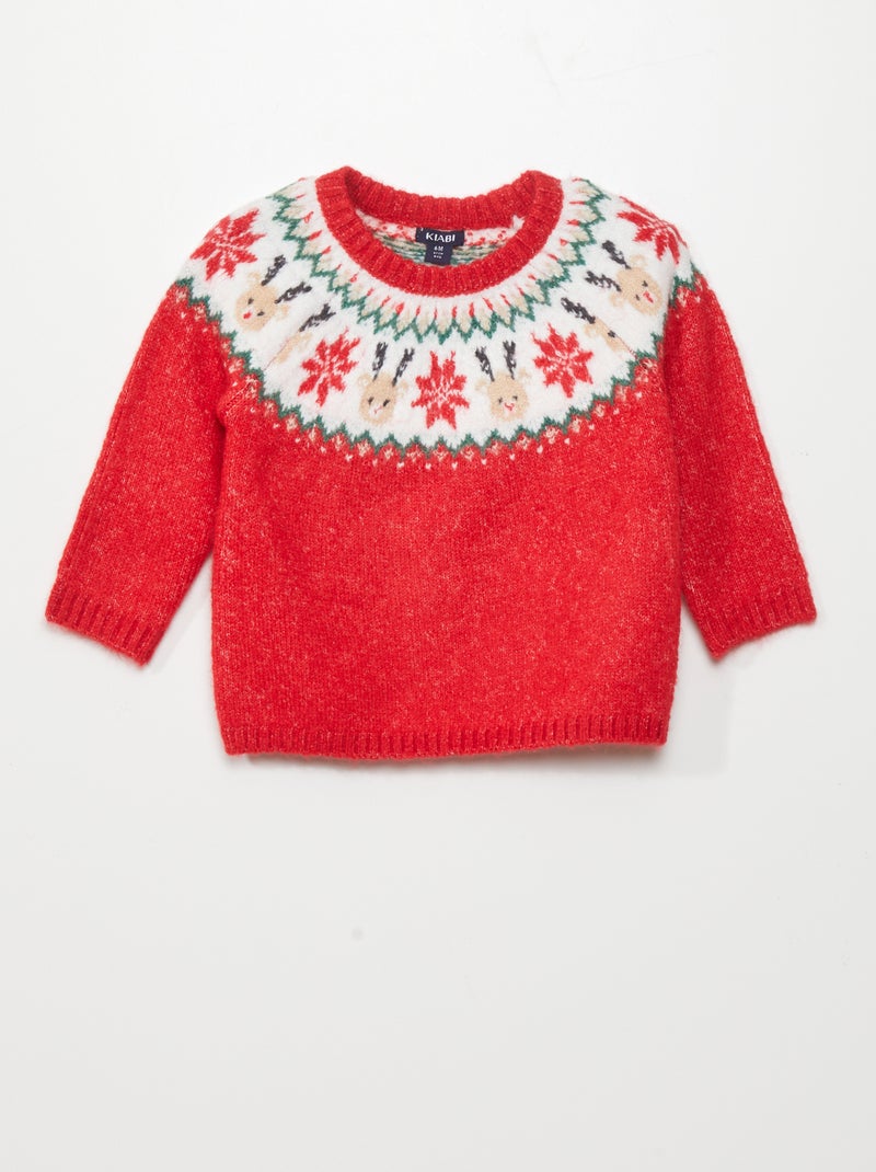 Pull en maille avec cerf et flocon Rouge - Kiabi