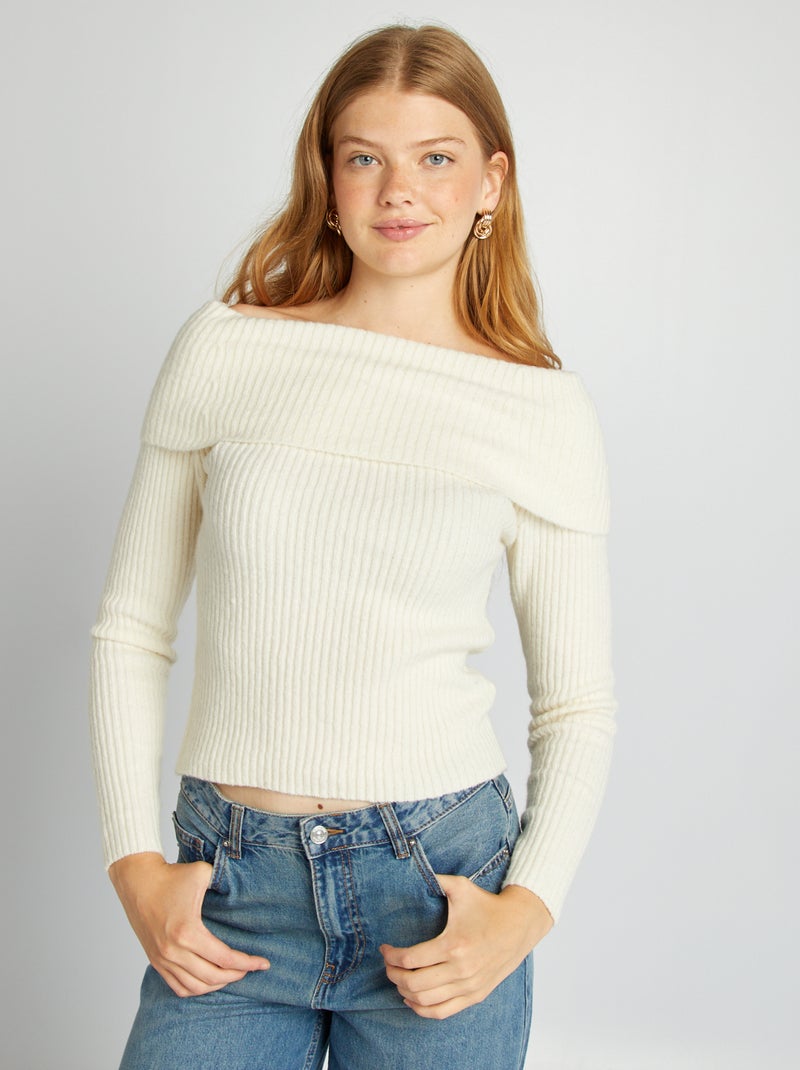 Pull en maille avec col bardot Crème - Kiabi