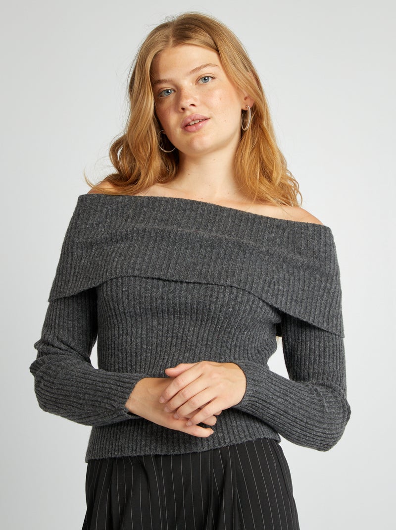 Pull en maille avec col bardot Gris - Kiabi