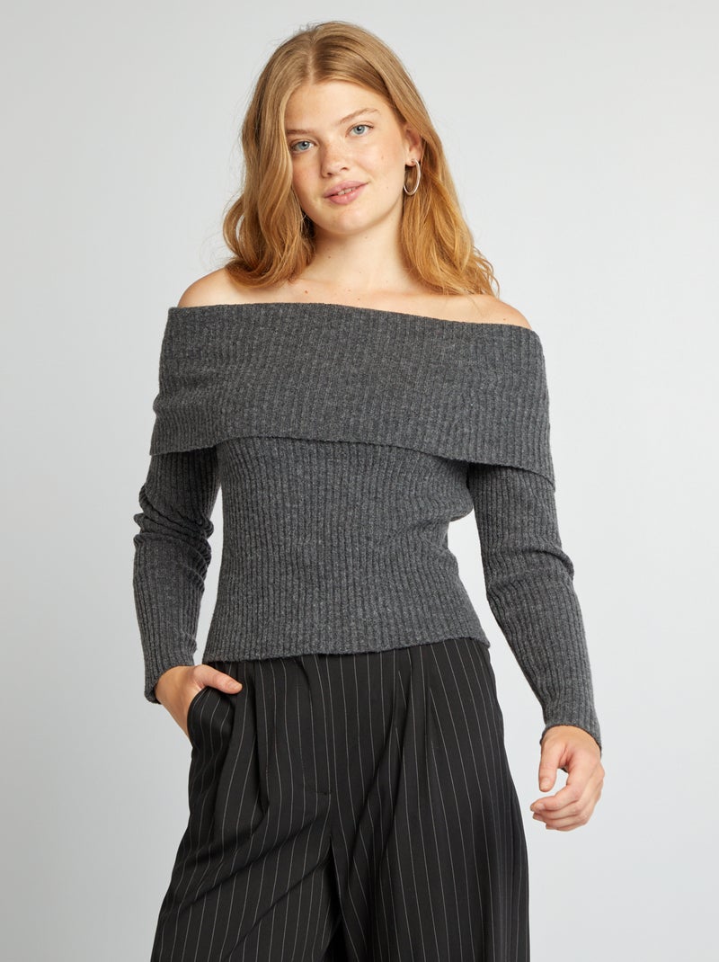 Pull en maille avec col bardot Gris - Kiabi