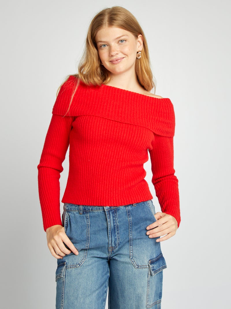 Pull en maille avec col bardot Rouge - Kiabi