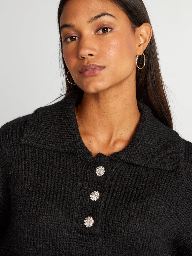 Pull en maille avec col boutonné noir - Kiabi