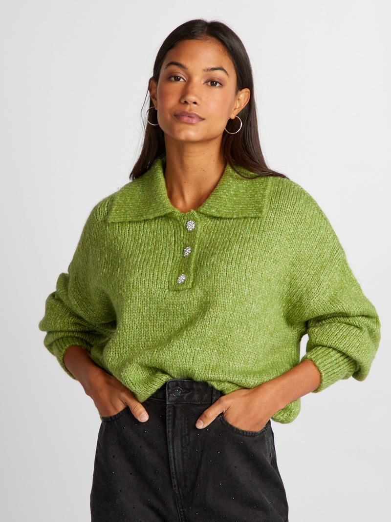 Pull en maille avec col boutonné Vert - Kiabi