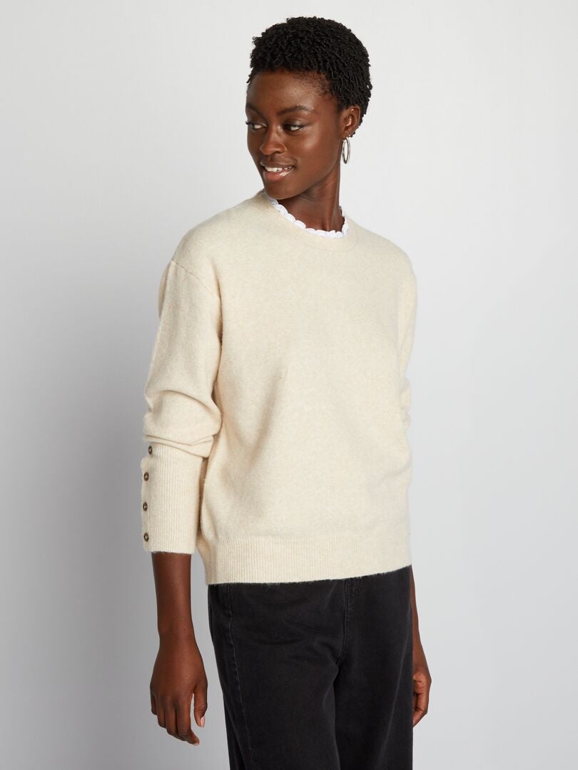 Pull En Maille Avec Col Brod Beige Kiabi