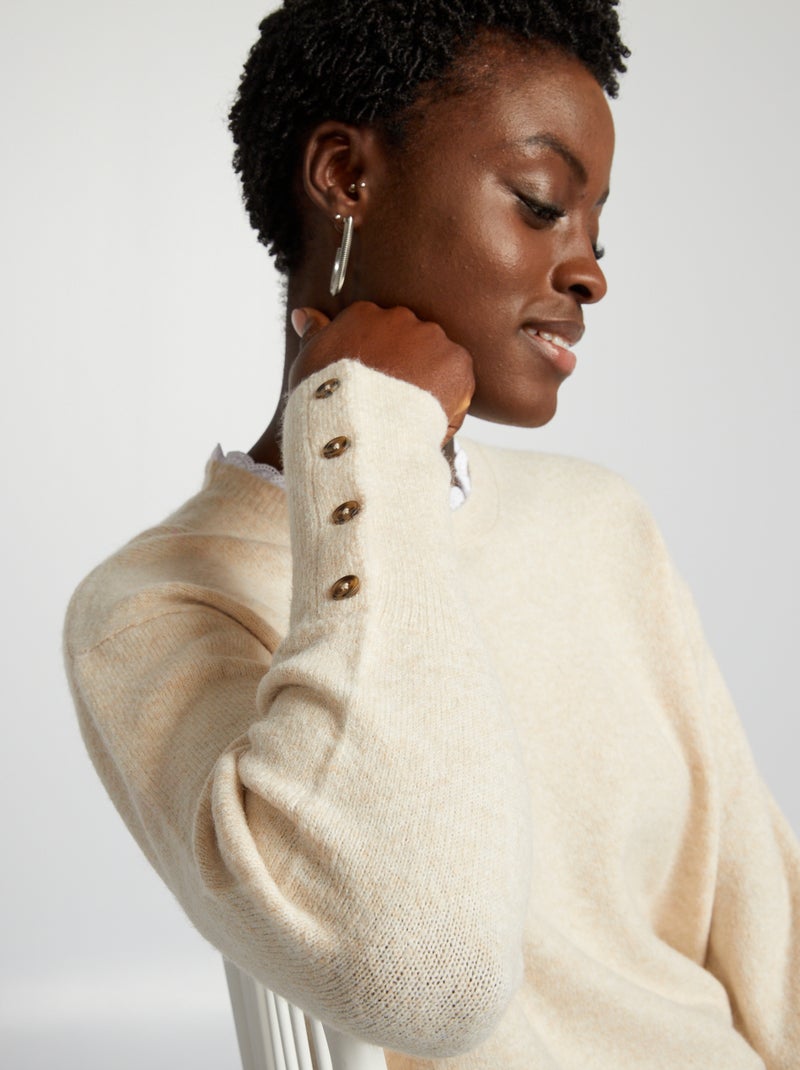 Pull en maille avec col brodé Beige - Kiabi