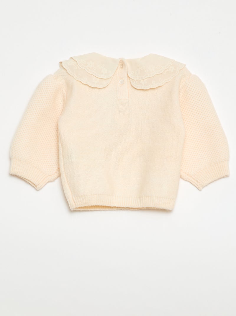 Pull en maille avec col claudine brodé Blanc - Kiabi