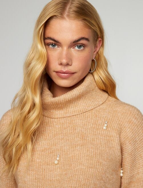 Pull Folia Col Roulé Beige Foncé - Taille T2, 100% Acrylique, Neuf Avec Étiquettes