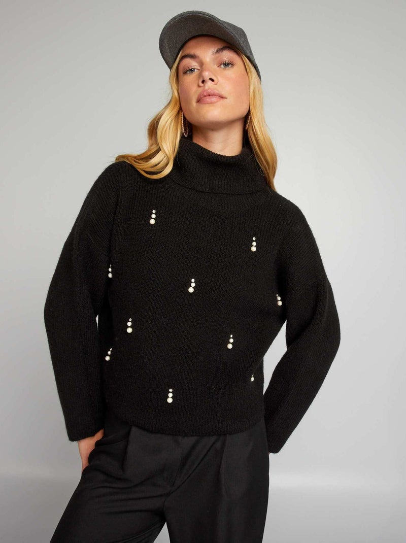Pull en maille avec col roulé noir - Kiabi
