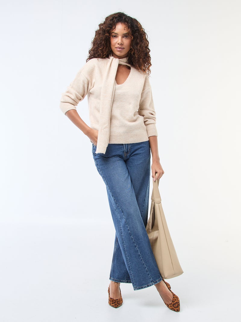 Pull en maille avec écharpe grosse jauge Beige - Kiabi
