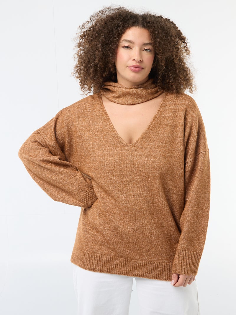 Pull en maille avec écharpe intégrée Marron - Kiabi