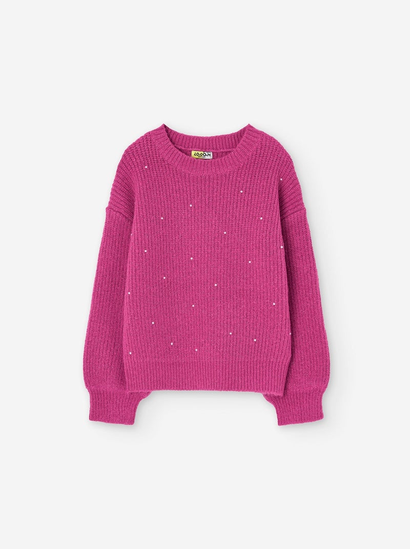 Pull en maille avec fils de lurex et perles Rose Fille