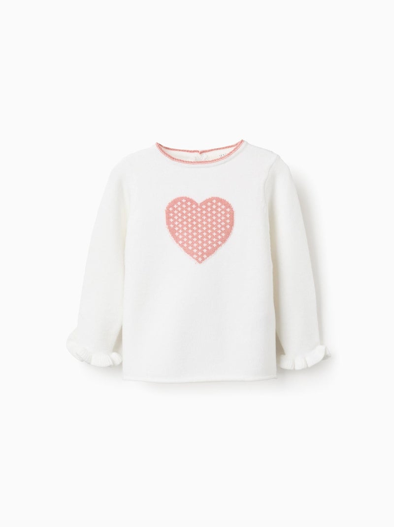 Pull en Maille avec Jacquard de Cœur et Volants Blanc - Kiabi