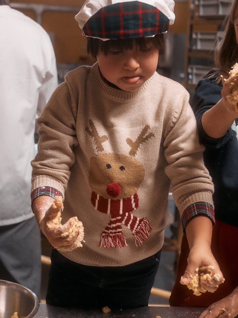 Pull en Maille avec Jacquard de Renne et Pompon Beige clair - Kiabi