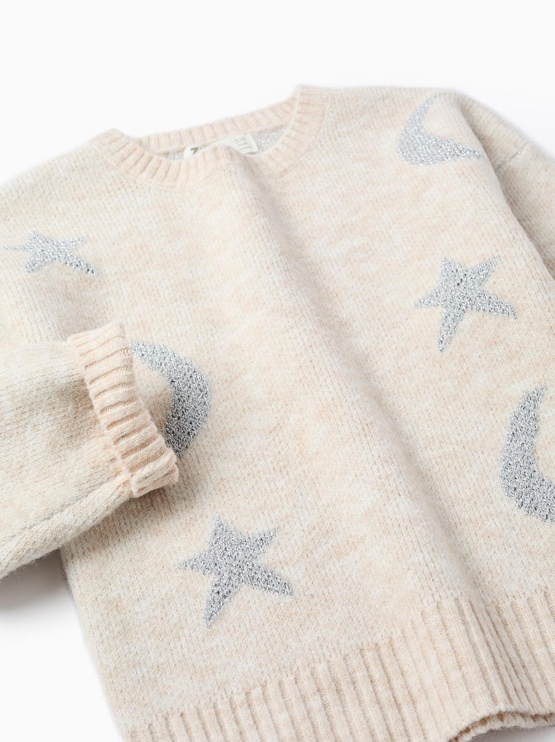 Pull en maille avec lune et étoiles en lurex Orange clair - Kiabi