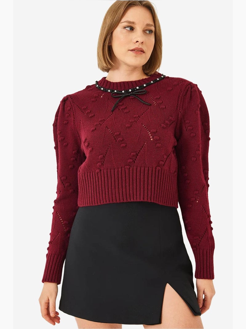 Pull en maille avec nœud perlé lucci Rouge bordeaux - Kiabi