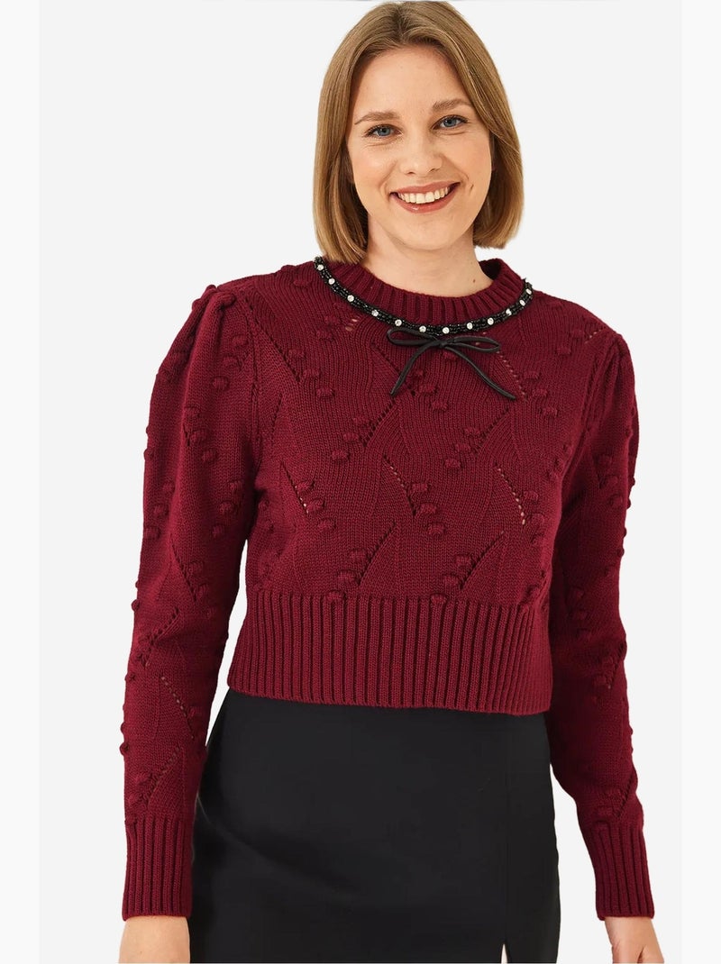 Pull en maille avec nœud perlé lucci Rouge bordeaux - Kiabi
