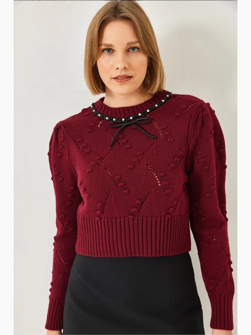 Pull en maille avec nœud perlé lucci Rouge bordeaux - Kiabi
