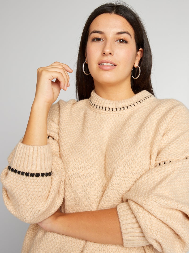 Pull en maille avec surpiqures fantaisie Beige - Kiabi