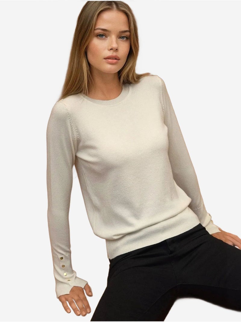 Pull en maille boutonnée à col rond Crème - Kiabi