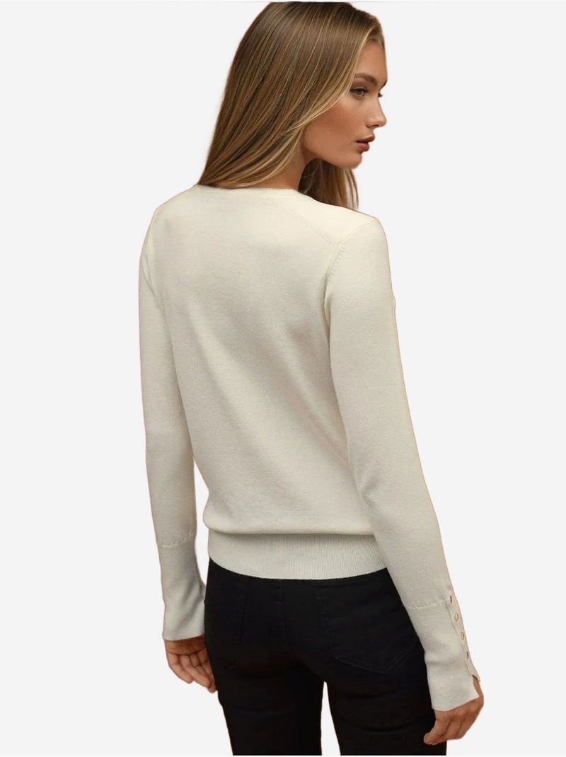 Pull en maille boutonnée à col rond Crème - Kiabi
