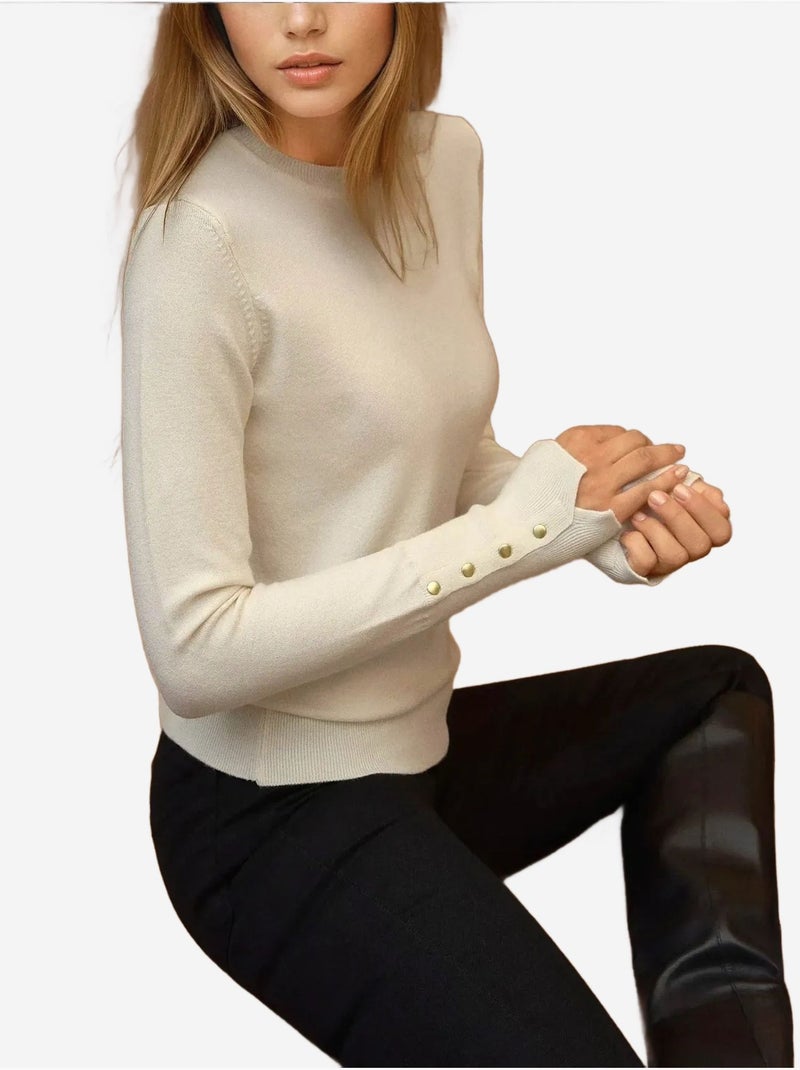 Pull en maille boutonnée à col rond Crème - Kiabi