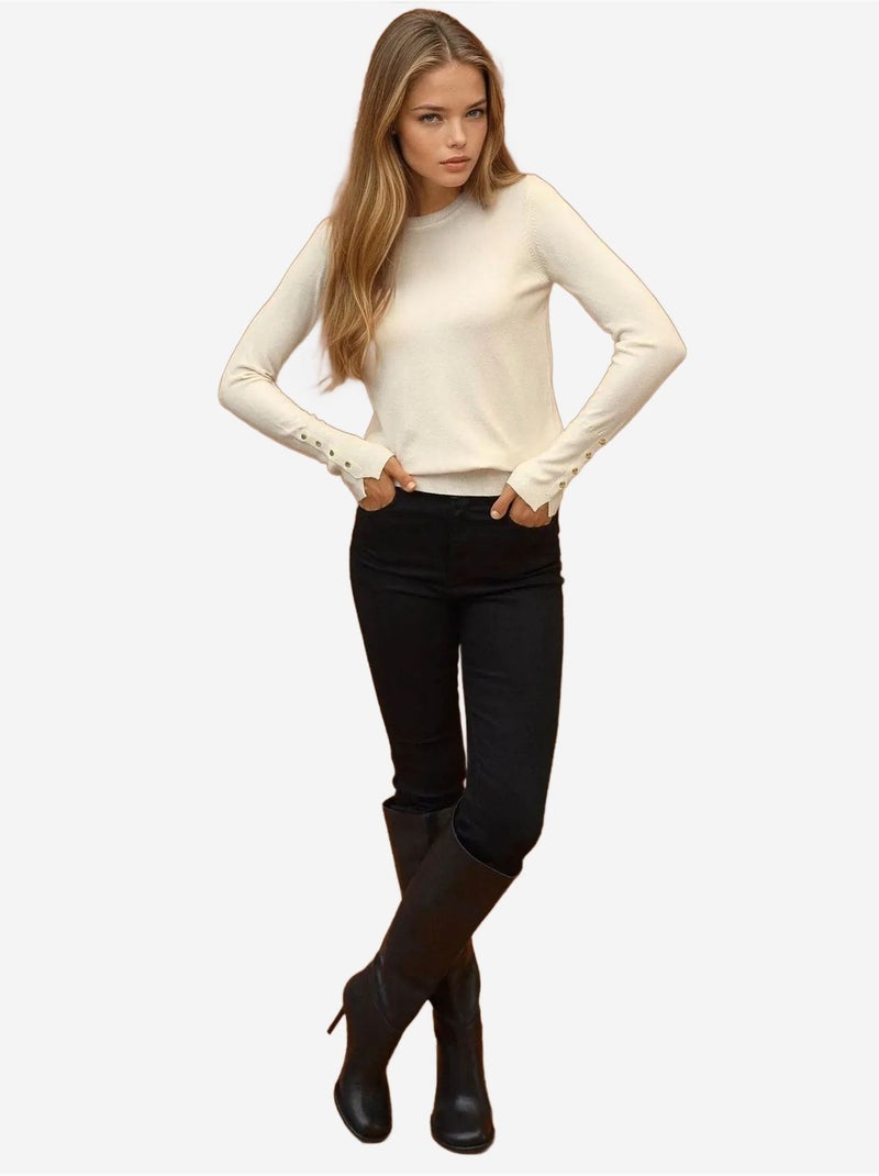 Pull en maille boutonnée à col rond Crème - Kiabi