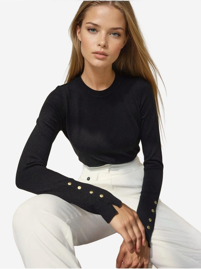 Pull en maille boutonnée à col rond Noir - Kiabi