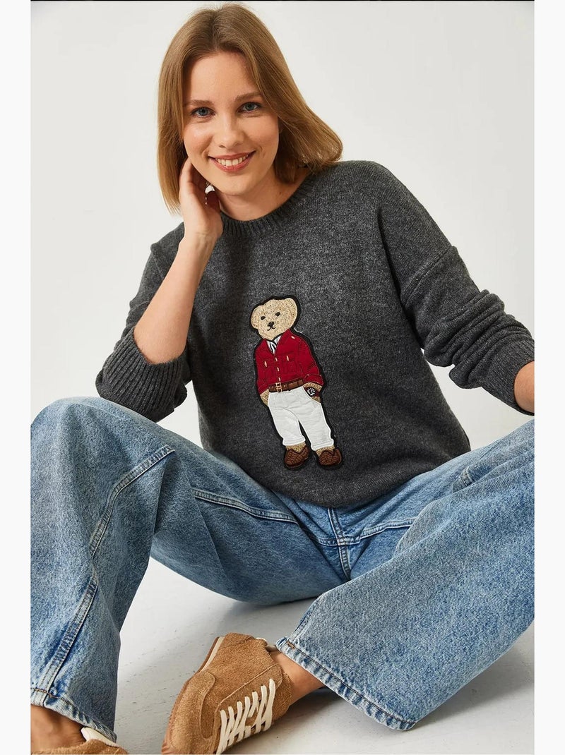 Pull en maille brodé teddy lucci Gris foncé - Kiabi