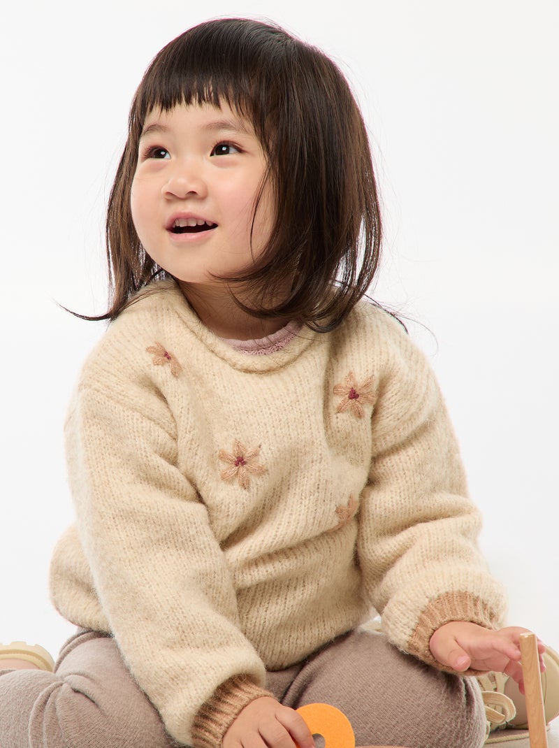 Pull en maille chaude Beige fleurs - Kiabi