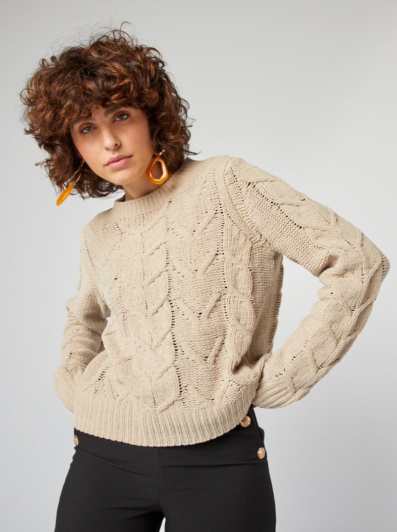 Pull en maille chenille avec torsades Beige - Kiabi