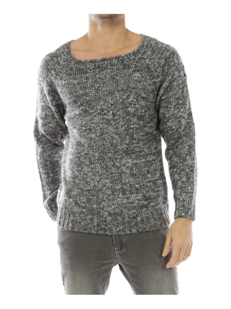 Pull en maille chiné col rond large Gris - Kiabi