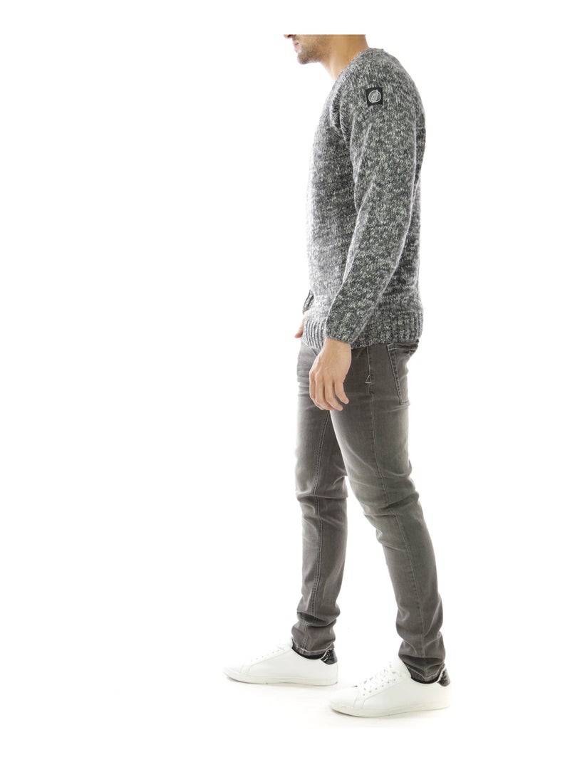 Pull en maille chiné col rond large Gris - Kiabi