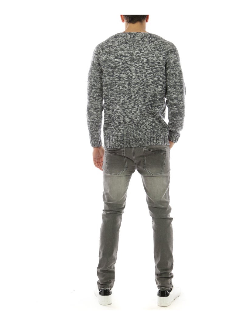 Pull en maille chiné col rond large Gris - Kiabi