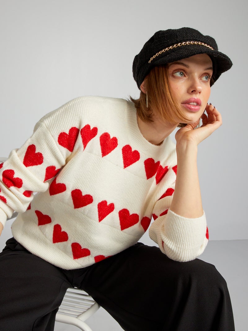 Pull en maille 'cœur' Blanc/rouge - Kiabi