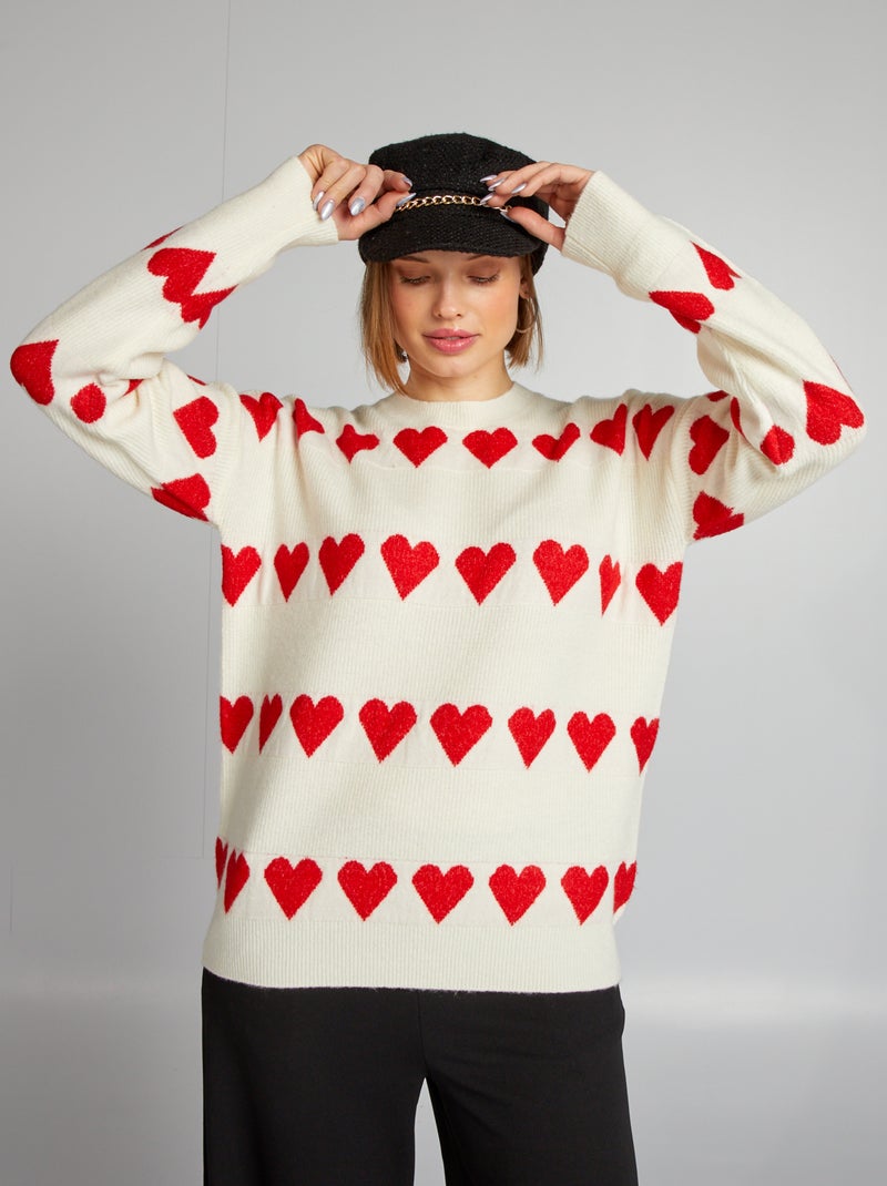 Pull en maille 'cœur' Blanc/rouge - Kiabi