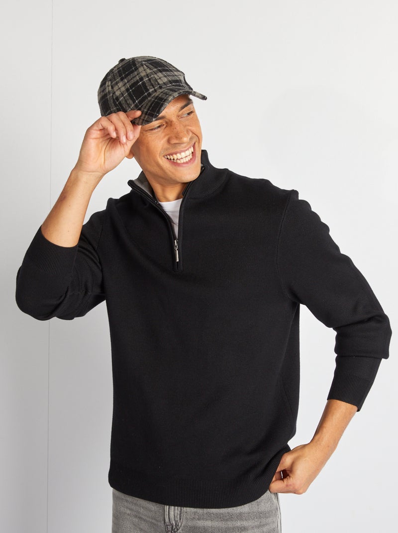 Pull en maille col camionneur zippé noir - Kiabi